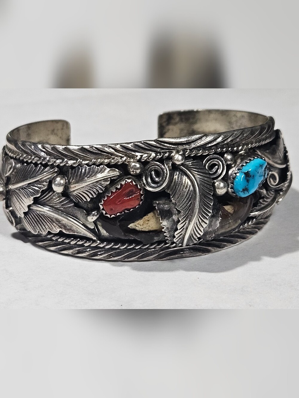 Vintage Handmade Sterling Silver Navajo Cuff Bracelet Turquoise Coral Stones - Picture 14 of 16
